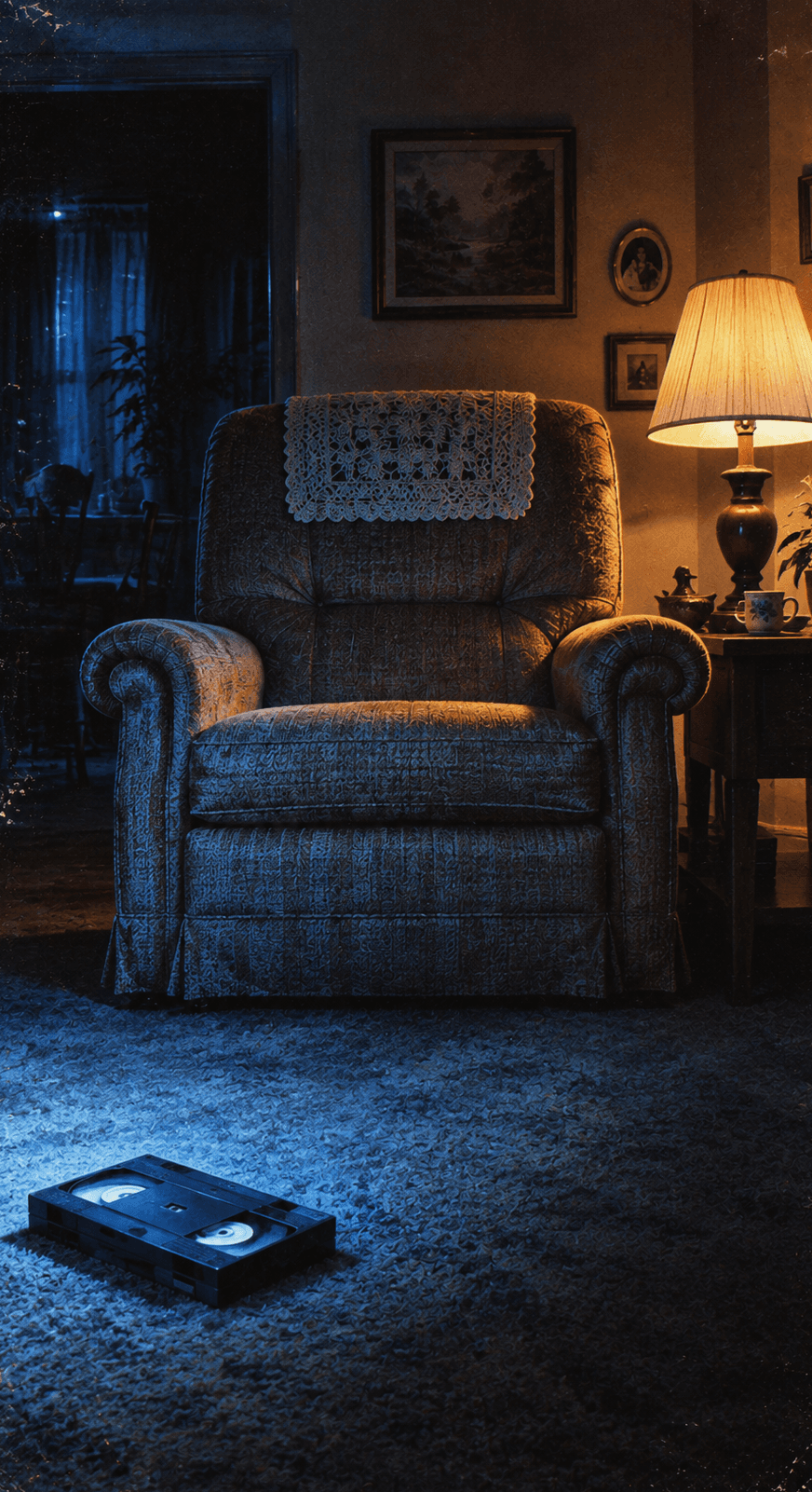 An empty armchair in a dim living room, a VHS cassette lying on the carpet in front of it.